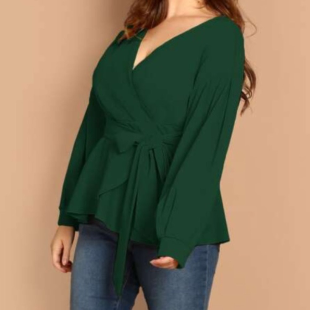 Shein | green wrap top with pleated lantern sleeves and belt